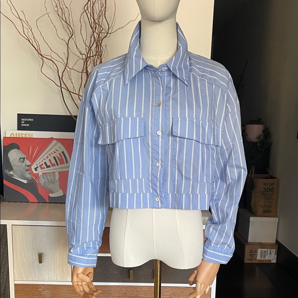 Zara Blue and White Cropped Striped Button Down Shirt